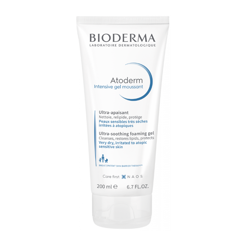 O Atoderm Intensive Gel Moussant da Bioderma limpa suavemente, acalma e protege a pele muito seca ou atópica. Fórmula sem sabão,
