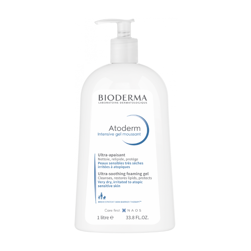 O Atoderm Intensive Gel Moussant da Bioderma, em formato 1L, oferece limpeza suave e calmante para pele muito seca ou atópica, r