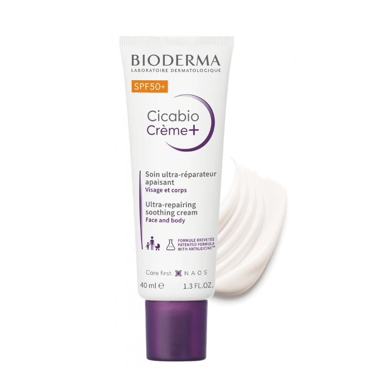 O Cicabio Creme+ SPF50+ da Bioderma repara e protege a pele fragilizada contra os raios UV, prevenindo marcas pigmentares.