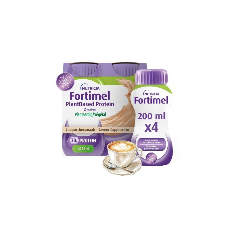 Nutricia Fortimel PlantBased Protein 2 Kcal Cappuccino Flavor Nutrition Supplement Malnutrition Bottles | 4 x 200 ml